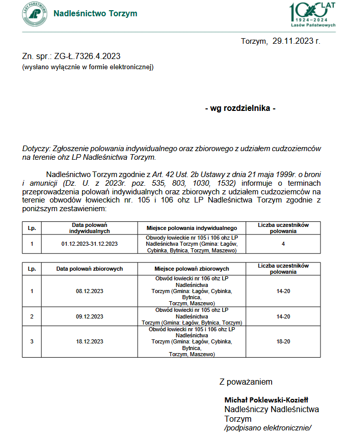 Informacja o polowaniach indywidualnych oraz zbiorowych w grudniu 2023