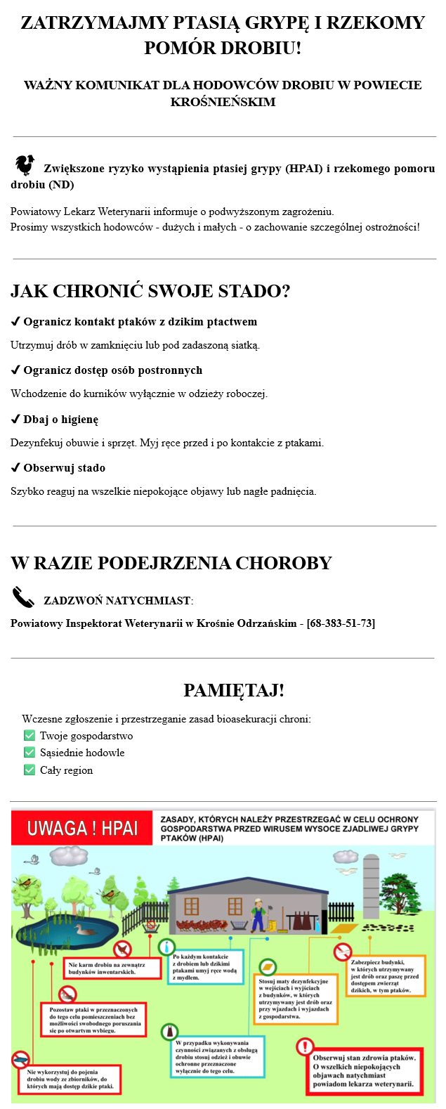 WAŻNY KOMUNIKAT DLA HODOWCÓW DROBIU W POWIECIE KROŚNIEŃSKIM WAŻNY KOMUNIKAT DLA HODOWCÓW DROBIU W POWIECIE KROŚNIEŃSKIM