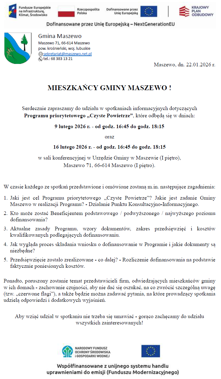Zaproszenie do udziału w spotkaniach dot. programu Czyste Powietrze